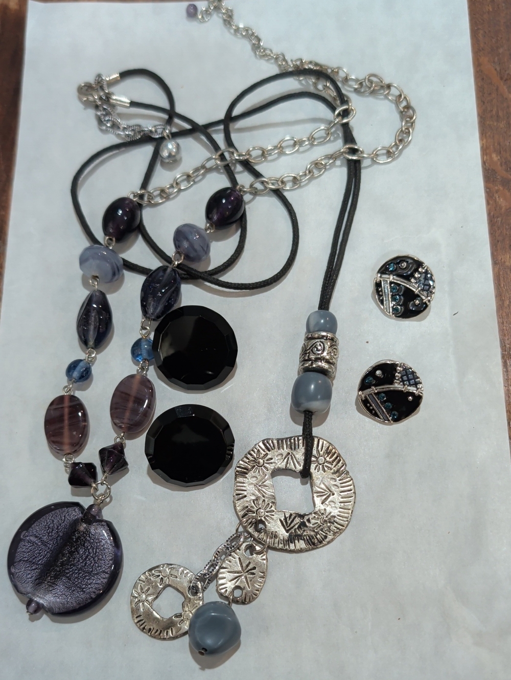 Women’s Silver-Tone, Blue, & Purple Beaded Necklaces And Earrings
